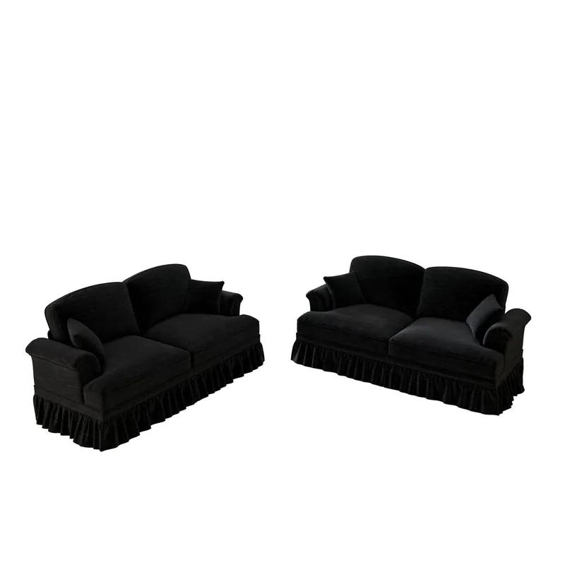 Sofá modular L 4 plazas - Chenille, brazos cónicos, falda extraíble, patas torneadas, reposapiés - Negro