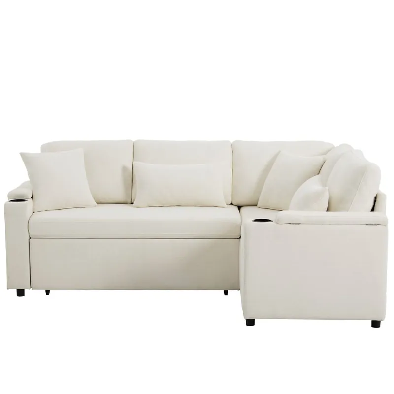 Sofá esquinero extensible de 4 plazas - Convertible con almacenamiento, portavasos, USB, reposabrazos y 4 cojines - Beige