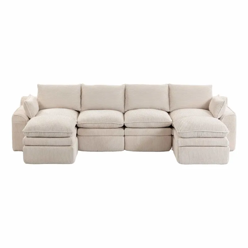 Sofá modular 4 plazas - con 2 pufs, cojines y 2 bolsillos laterales, espuma de 3 capas + muelles para rápida recuperación - Beige