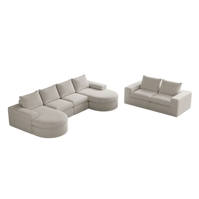Sofá modular 6 plazas - Chenille curvado con chaise longue, espuma comprimida - Beige