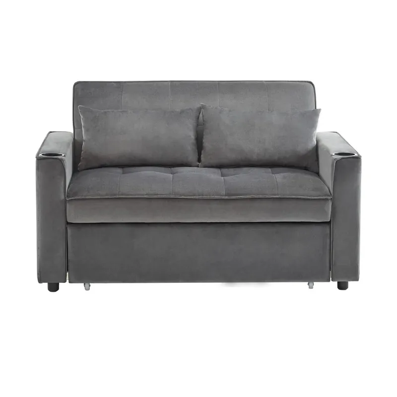 Sofá cama plegable ajustable multiángulo - 2 plazas - Tela de terciopelo - Con portavasos y almohadas - Beige