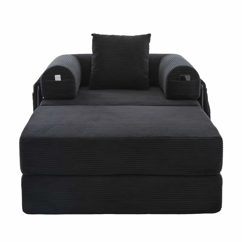 Sofá cama individual 1 plaza - diseño ergonómico, estructura metálica estable, con cojín y bolsillo lateral - color beige