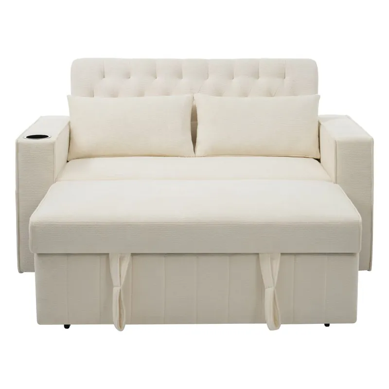 Sofá cama multifuncional 2 plazas - con almacenamiento, portavasos, puerto USB, cojines - Beige