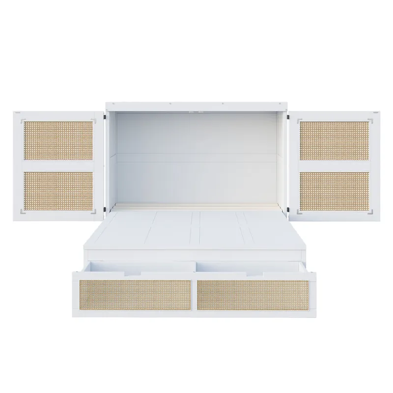 Cama abatible 140x200 cm - Con somier, vertical, con cajones de almacenamiento, diseño de ratán - Blanco