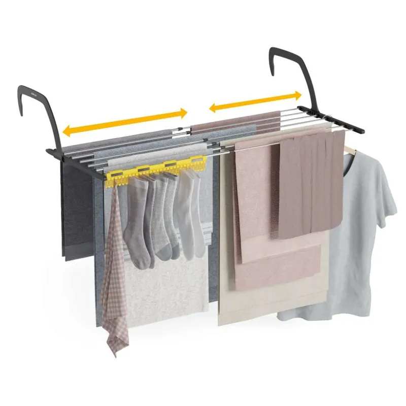Tendedero Balcón Aereo V9 Newlux Blanco Extensible en acero inoxidable (+/- 52,5–92,5 × 35 × 17 cm). Capacidad de 9 m y carga de hasta 7 kg.