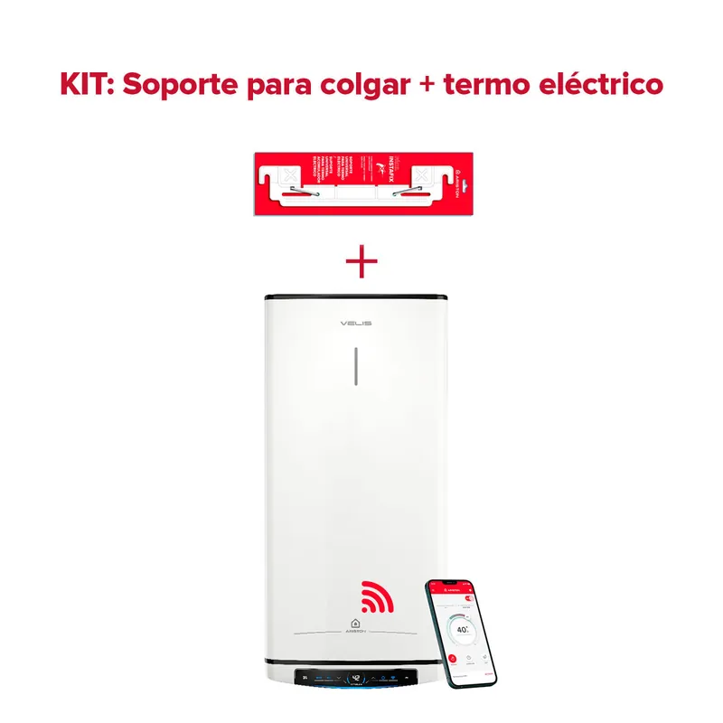Termo eléctrico inteligente, Ariston, Velis Pro Wifi 30L + Sorpote de pared Instafix, Vertical u Horizontal, Clase Energetica A - Electrodomésticos