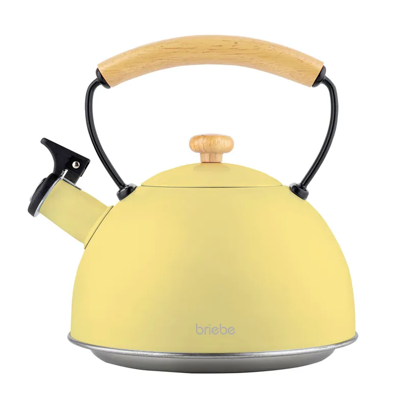 Briebe Pastel Tetera con Silbato, Hervidor de Agua 2,3L, Inducción, Acero Inox, Vintage, Mango Madera, , Amarillo - Cocina