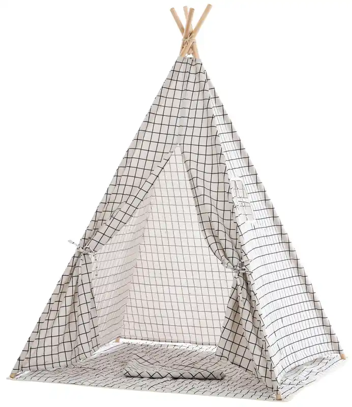 Tipi Infantil Esna Tela Gris a cuadros 120X120X155 cm - Jardín