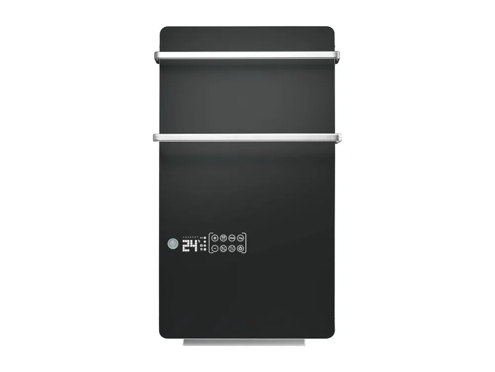 Toallero eléctrico fabricado en cristal templado que actúa como secador de toallas. calentador de prendas y sistema de calefacción. Diseño moderno. sencillo y elegante que incluye control WIFI y un display eléctrico LCD táctil desde el que ajustar el ter - Baño