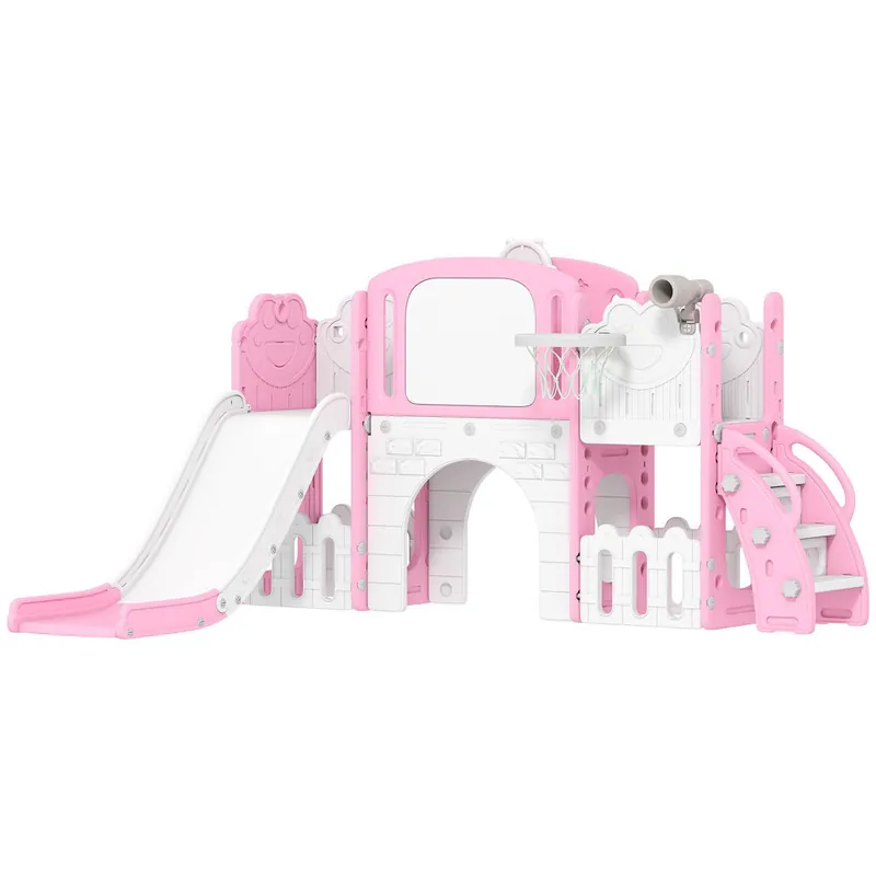 AIYAPLAY Tobogán Infantil 7 en 1, Tobogán para Niños de 1-3 Años, Temática de Rana, con Aro de Baloncesto, Túnel, Pizarra, Telescopio de Juguete, Escalador y Cajas, para Interior y Exterior, Rosa