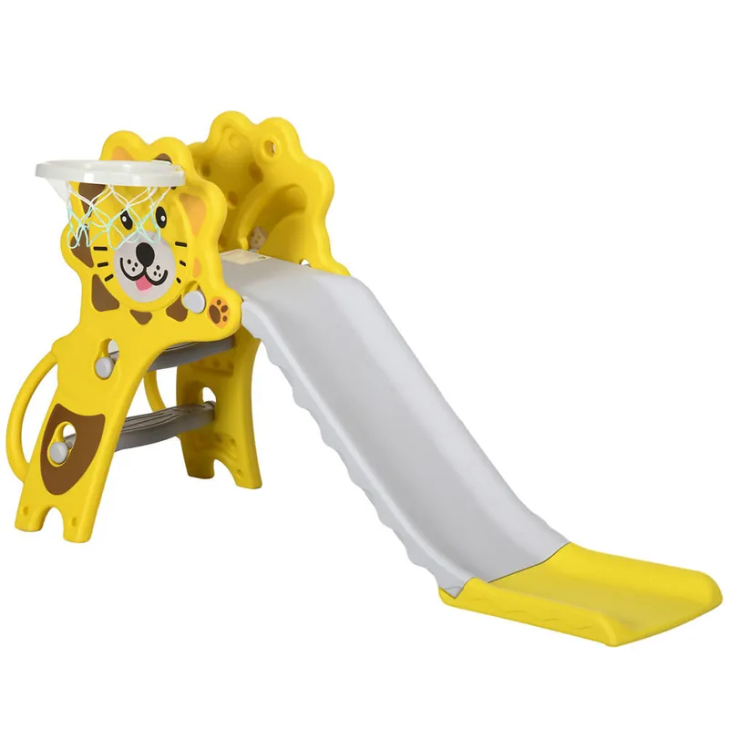 AIYAPLAY Tobogán Infantil 3 en 1 Tobogán para Niños de 18 a 36 Meses con 2 Escaleras 1 Canasta de Baloncesto y Patrón de Animal para Interior 131x50x74 cm Amarillo y Gris - Jardín