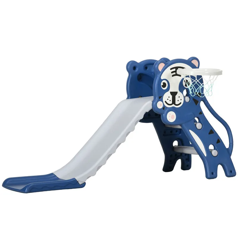 AIYAPLAY Tobogán Infantil 3 en 1 Tobogán para Niños de 18 a 36 Meses con 2 Escaleras 1 Canasta de Baloncesto y Patrón de Animal para Interior 133x60x70 cm Azul y Gris - Jardín