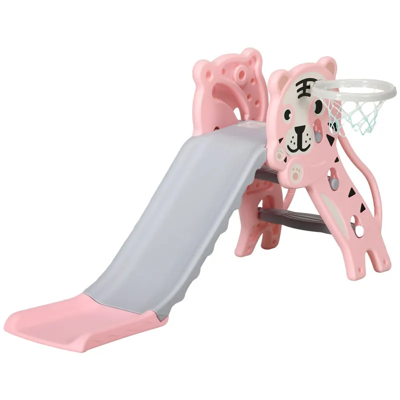 AIYAPLAY Tobogán Infantil 3 en 1 Tobogán para Niños de 18 a 36 Meses con 2 Escaleras 1 Canasta de Baloncesto y Patrón de Animal para Interior 133x60x70 cm Rosa y Gris - Jardín