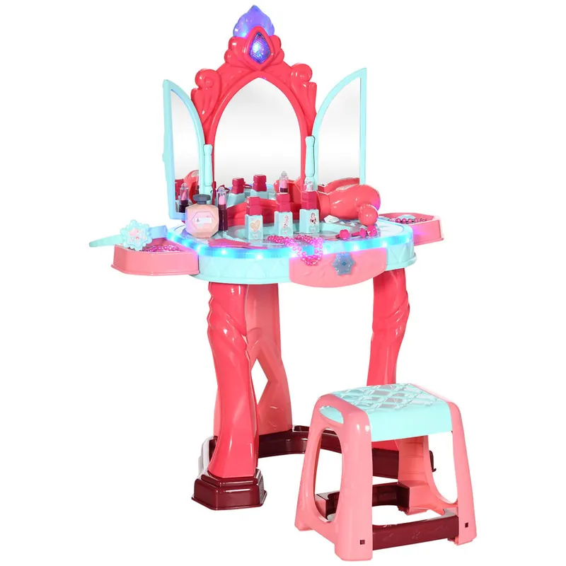 AIYAPLAY Tocador de Juguete para Niñas de +3 Años con Taburete Espejo Luz Música y Secador Incluye 31 Accesorios Tocador de Maquillaje 57x34x76 cm Multicolor - Muebles