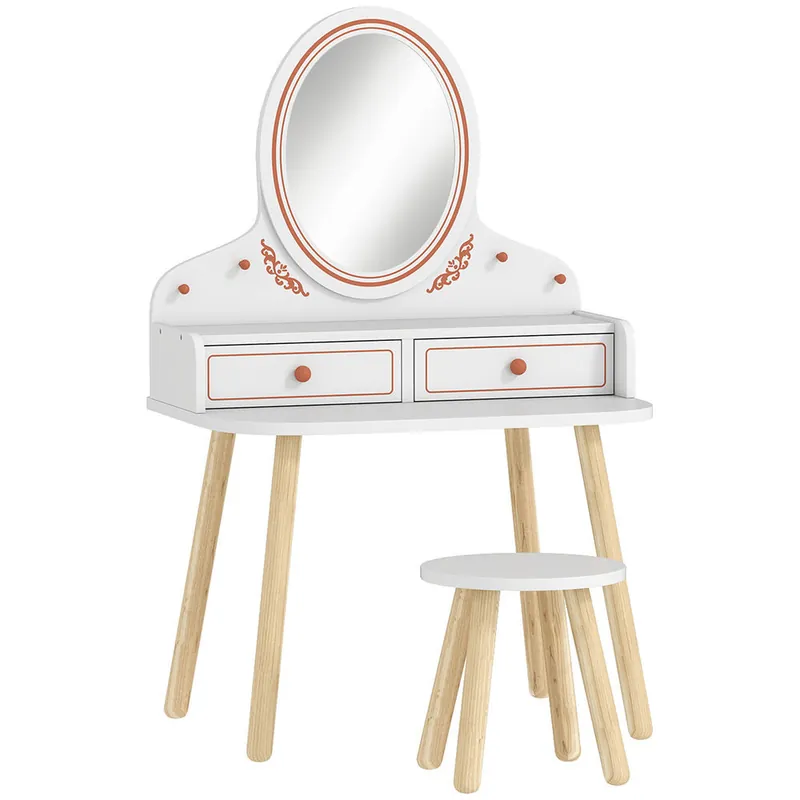 AIYAPLAY Tocador de Maquillaje Niña, Tocador Infantil con Taburete y Espejo, 2 Cajones y Barras Colgantes, para Niños de 3 a 8 Años, Blanco - Muebles