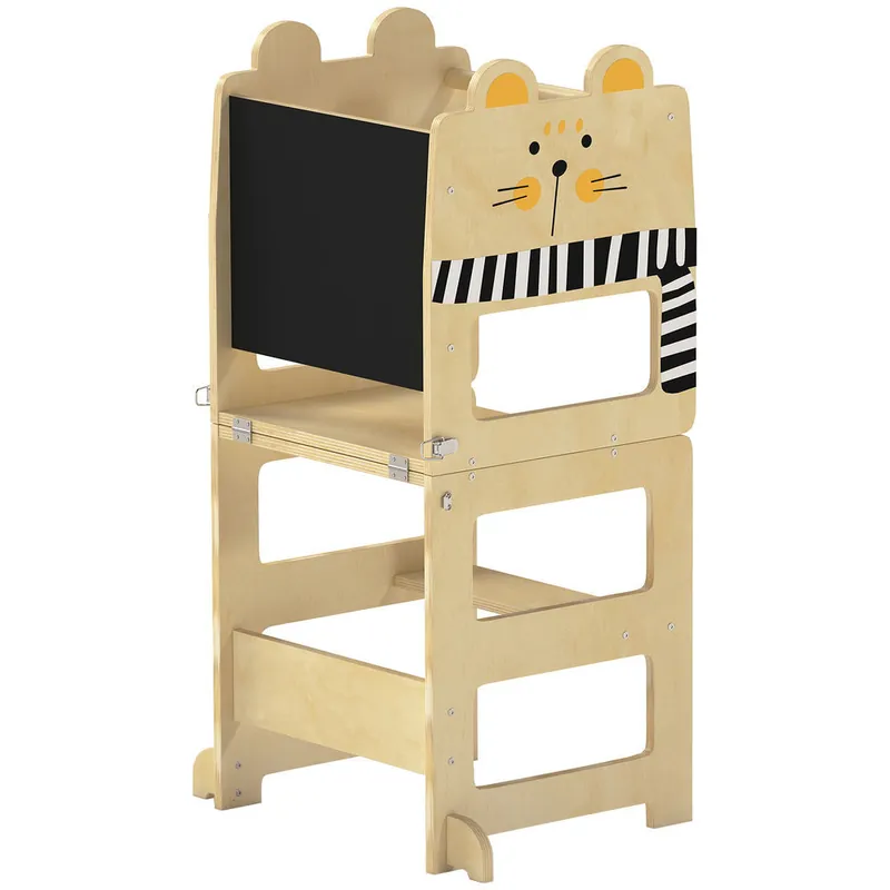 AIYAPLAY Torre de Aprendizaje 3 en 1 Plegable, Convertible en Escritorio y Silla, Taburete de Aprendizaje para Niños de 2-5 Años con Pizarra, Dibujos de Gatos, para Baño, Cocina, Natural