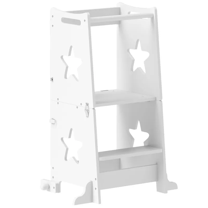 AIYAPLAY Torre de Aprendizaje 2 en 1 Taburete de Aprendizaje para Niños de +3 Años Convertible en Mesa y Silla con Barra de Seguridad 60x44,5x86 cm Blanco - Muebles