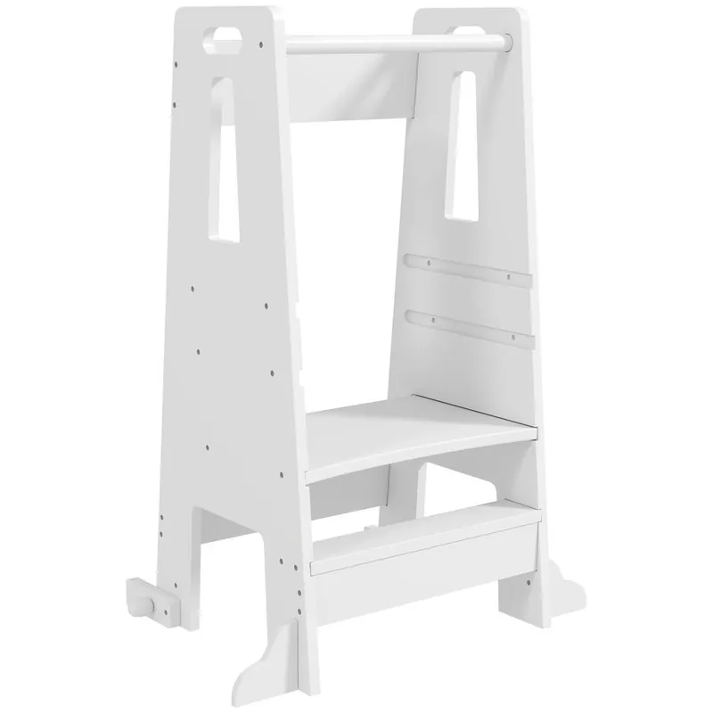 AIYAPLAY Torre de Aprendizaje de Madera Taburete de Aprendizaje para Niños de +3 Años con Pedal Altura Ajustable en 3 Niveles y Barrera de Seguridad para Baño Cocina 45x47,5x91 cm Blanco - Muebles