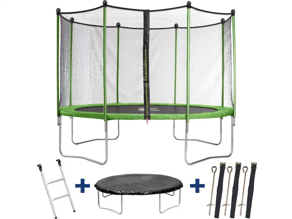 Trampolin / Cama elástica "Yoopi"- Ø 3.65 m - con red + escalera + cubierta de protección - Color verde