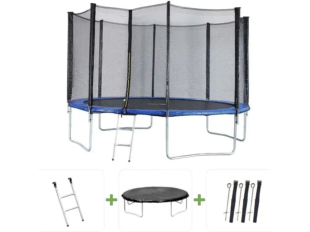 Trampolín "Jumpy" - Ø 4,27 m - Acero galvanizado - Red de protección + Escalera + Cubierta + Kit de anclaje - Color Azul