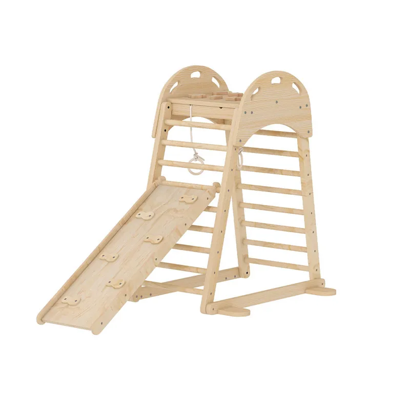 AIYAPLAY 6 en 1 Triángulo de Escalada Montessori, Estructura de Escalada de Madera con Plataforma, Anillos y Tobogán, para Deslizarse o Escalar, para Niños de 18-48 Meses, Interiores, Natural