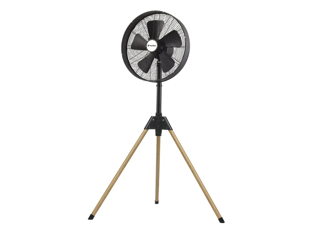 Ventilador de Pie tripode con dise?o vintage exclusivo. Fabricado en metal. con acabado de apariencia madera. 50W. 3 velocidades. 5 Aspas. Altura regulable. Oscilacion horizontal automatica 90?. Angulo de inclinacion ajustable. - Electrodomésticos