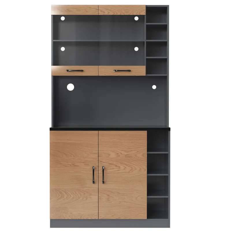 Vitrina alta RIHLAIH negra y efecto madera, iluminación LED y puertas de cristal - Muebles