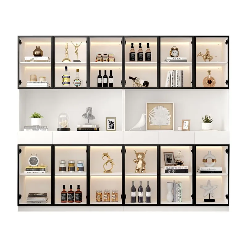 Vitrina de vidrio 200 cm - Con luces LED, estantería multiusos para colección, blanco - Marco de puerta negro