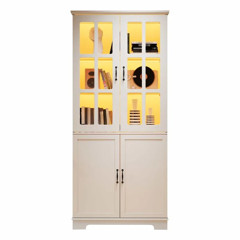 Armario vitrina alto 80x38x180 cm - con 2 puertas de vidrio y 2 puertas completas, 5 estantes, estilo rústico, estantería multifuncional de aglomerado - blanco