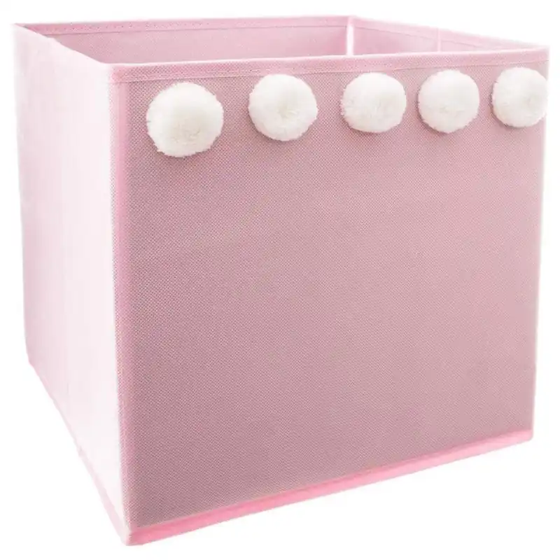 Well Home CAJA DE ALMACENAMIENTO INFANTIL CON POMPONES COLOR ROSA - 29 x 29 x 29cm