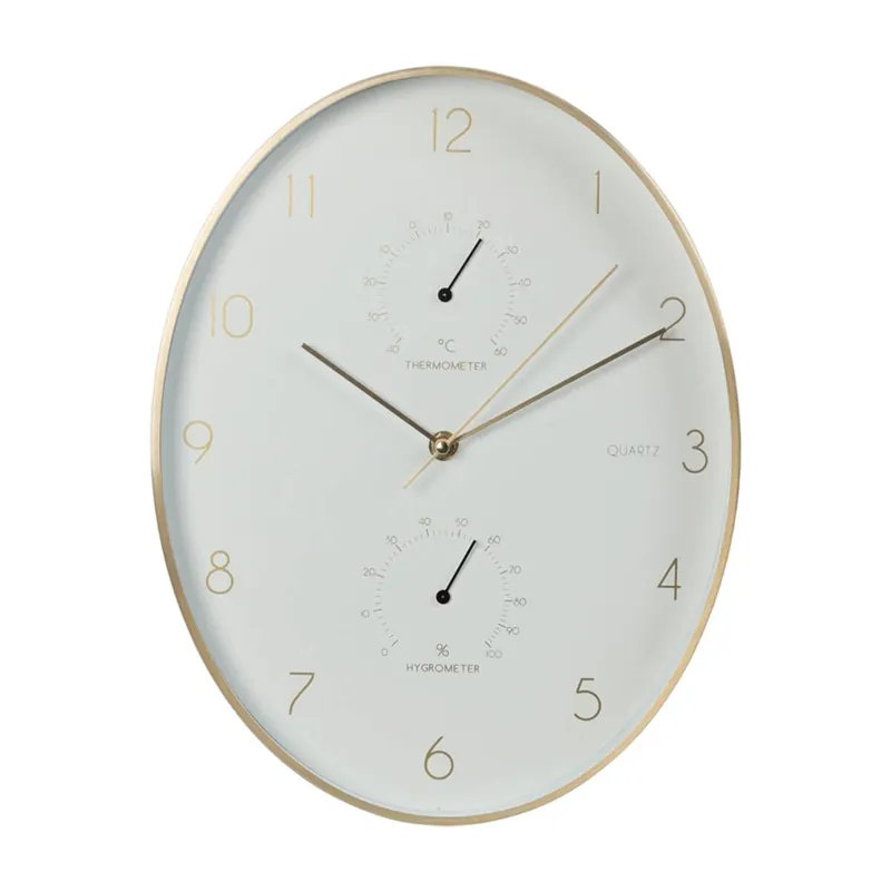 Well Home Reloj de Pared de aluminio con Borde Dorado, Termómetro e Higrómetro de 34,5x27,1cm - Decoración