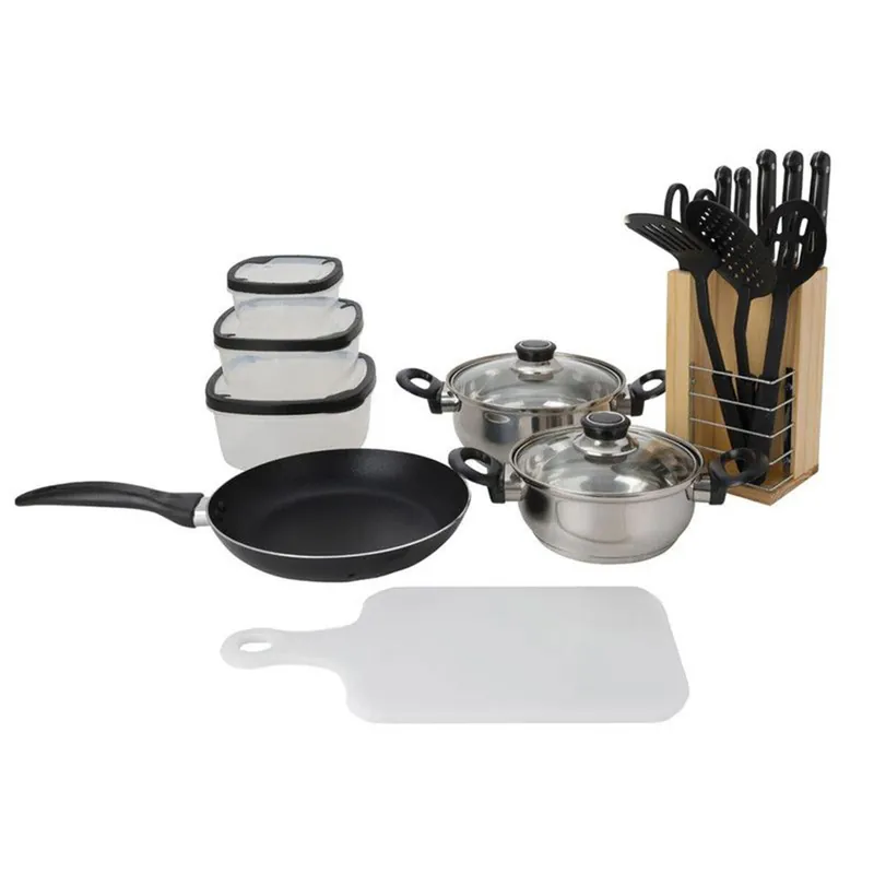 Well Home Batería de cocina de 18pc (1x Sarten + 2 Cacerolas + 1 Tabla de cortar + 1 Tijeras + 3 Utensilios de nylon + 4 tuppers + 1 bloque de madera