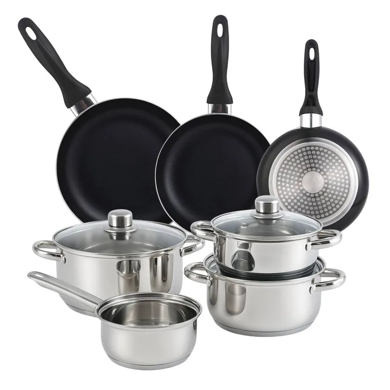 Well Home Set de Batería de cocina de 7pc en acero inoxidable + 3 Sartenes Ø16Ø20Ø24cm Negro en Aluminio