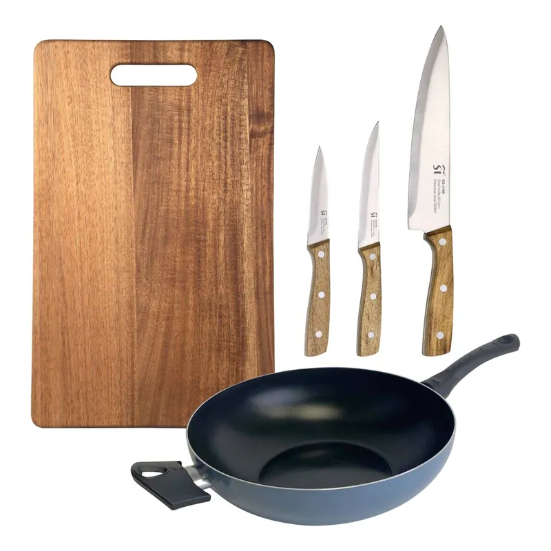Wok de Ø30cm Aluminio prensado con 3 Cuhillos en acero inoxidable y Tabla de corte 40x25cm NOIA San Ignacio - Cocina