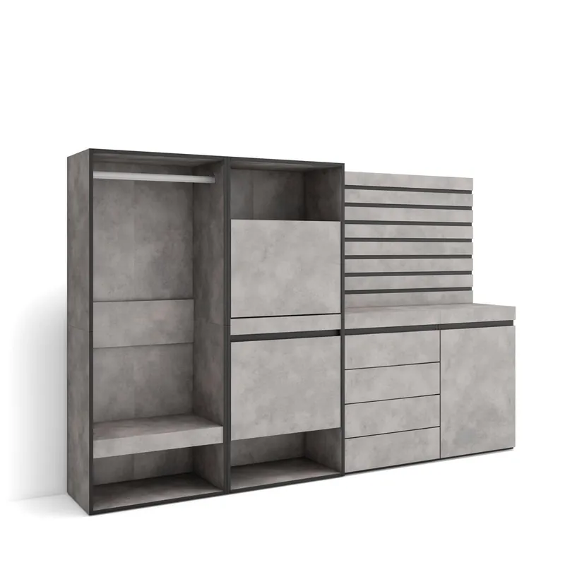 Zapatero, Armario zapatos botas, 227x35x145cm, Dormitorio, habitación, Vestidor abierto, Cómoda, Cajonera, Listones Decorativos, Estilo Moderno, Cemento - Muebles