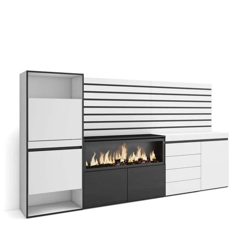 Zapatero, Armario zapatos botas, 274x35x145cm, Dormitorio, habitación, Chimenea eléctrica XXL, Cómoda, Cajonera, Listones Decorativos, Estilo Moderno, Blanco - Muebles