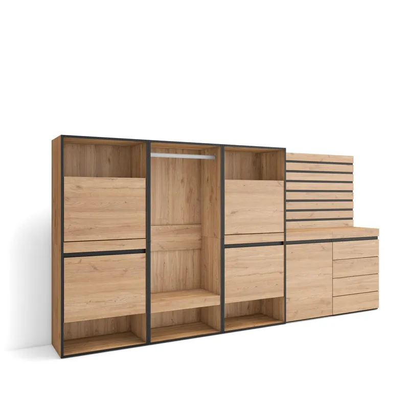 Zapatero, Armario zapatos botas, 287x35x145cm, Dormitorio, habitación, Vestidor abierto, Cómoda, Cajonera, Listones Decorativos, Estilo Moderno, Cemento - Muebles