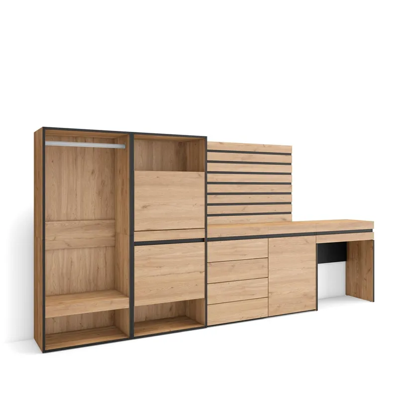 Zapatero, Armario zapatos botas, 297x35x145cm, Dormitorio, habitación, Vestidor abierto, Cómoda, Cajonera, Listones Decorativos, Tocador, Estilo Moderno, Cemento - Muebles