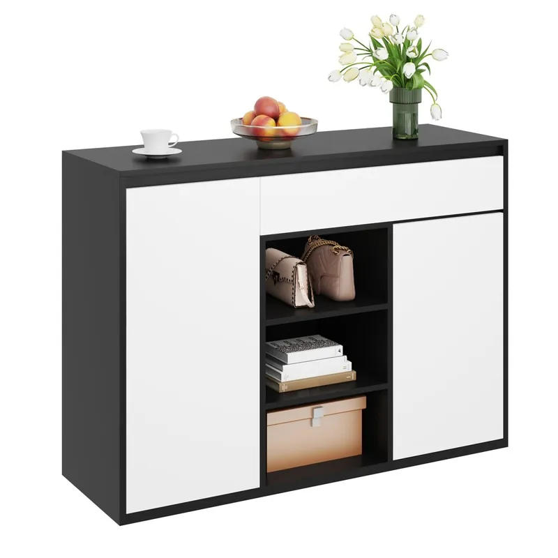 Zapatero de panel de partículas con 2 puertas,1 cajón y luz led,negro+blanco - Muebles