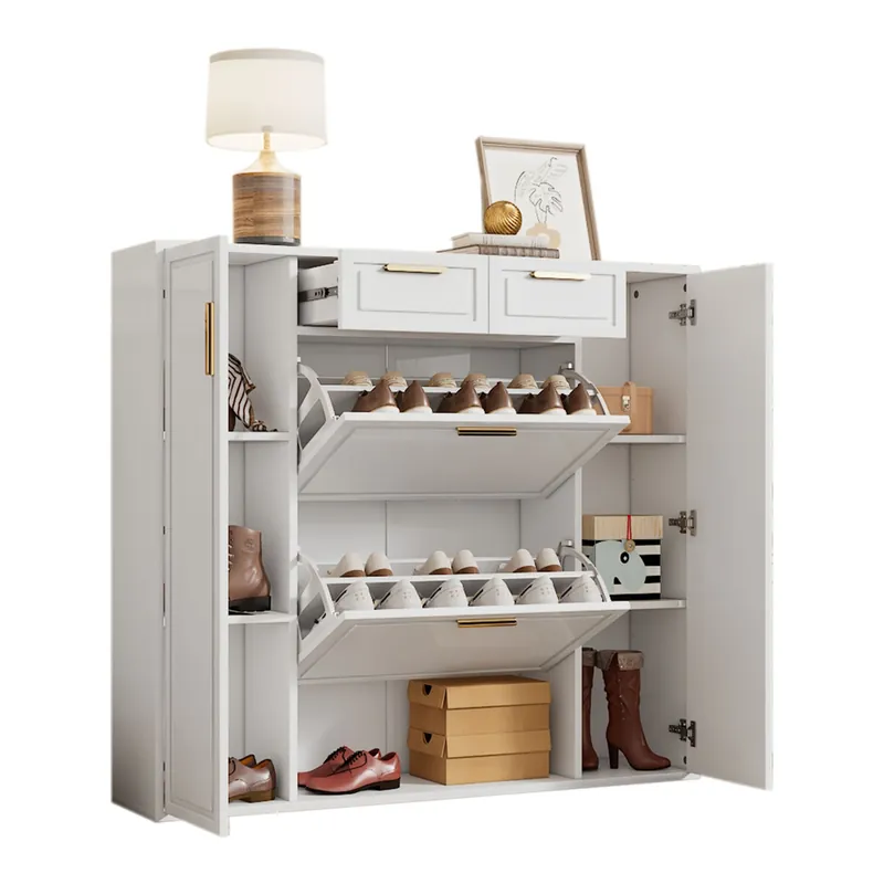 Zapatero de panel de partículas con 2 puertas y 2 trampones,blanco - Muebles