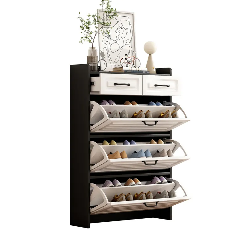 Zapatero de panel de partículas con 3 trampones,negro+blanco - Muebles