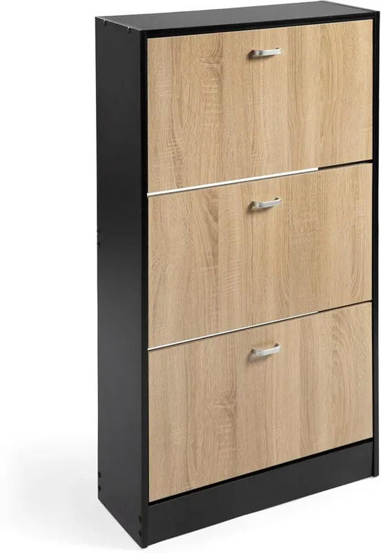 Zapatero Madera, Tres Puertas, Zapatero Puertas Oscilobatientes, Mueble Auxiliar, Medidas: 63cms Ancho, 24cms Profundo, 115cms Alto (Negro/Taupe) - Muebles