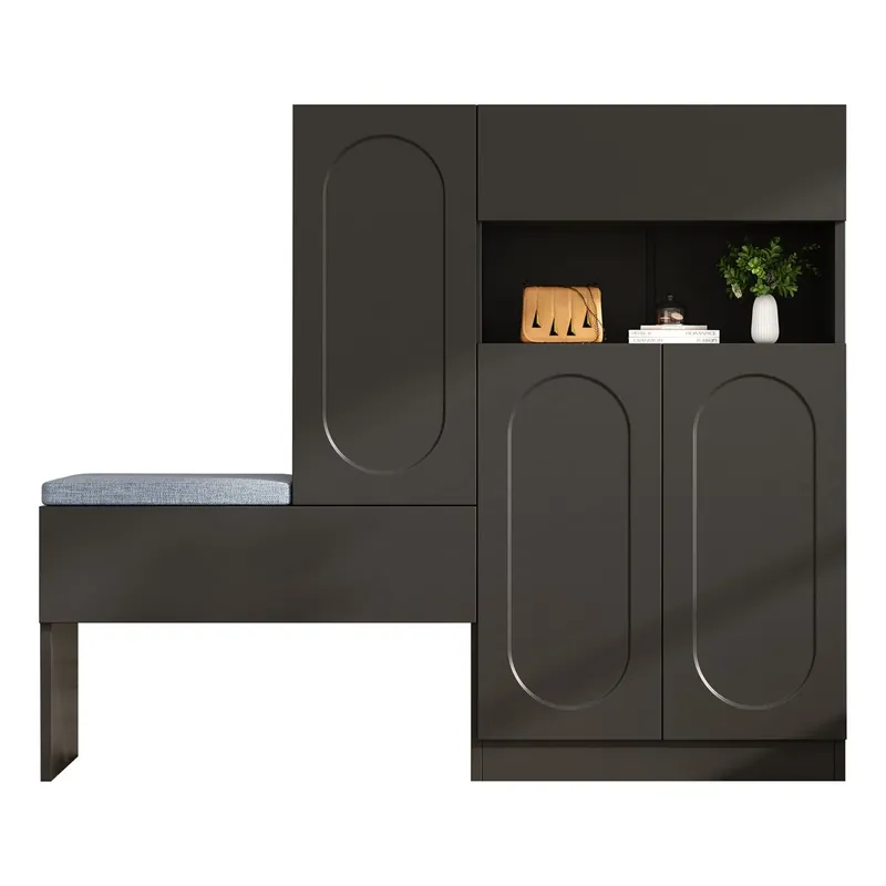 Zapatero 130x35x110 cm - 2 en 1 con puertas curvas, Soft-Close, estantes ajustables, asiento acolchado - Blanco