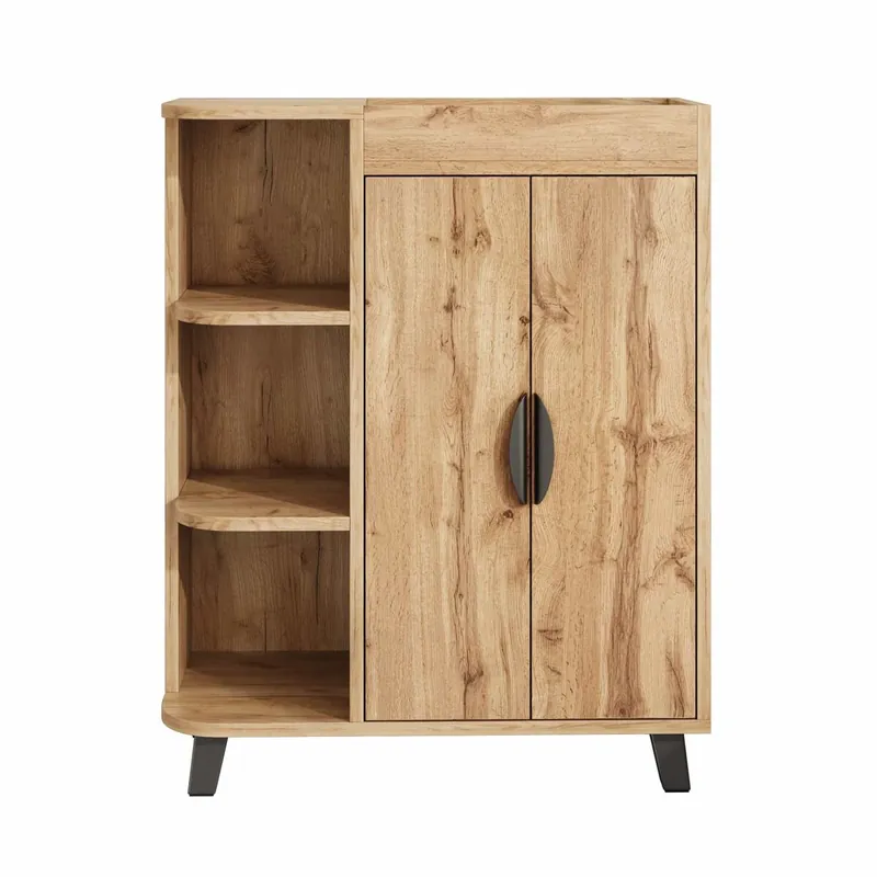 Zapatero estrecho de doble puerta - estantes abiertos, armario multiusos para recibidor, acabado efecto madera, con estante superior - Natural