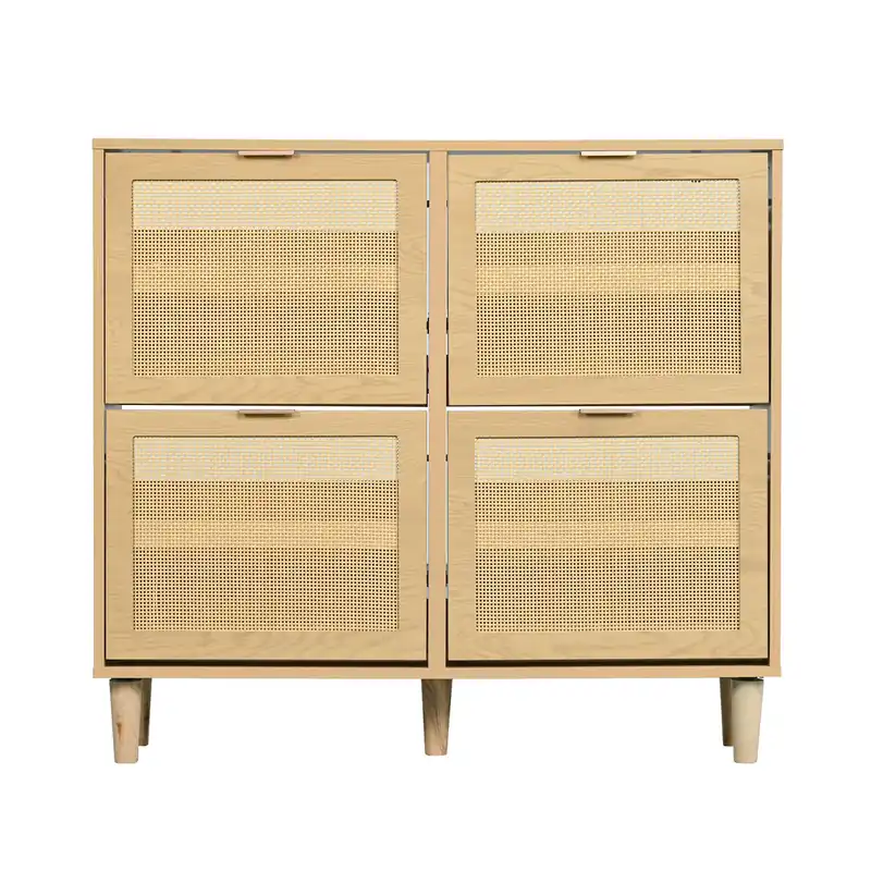 Zapatero de madera y ratán - 4 puertas abatibles - Natural