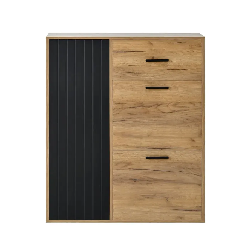 Zapatero moderno 80x24x95.5 cm - con 1 cajón, 2 zapateros abatibles, 1 puerta, negro y natural