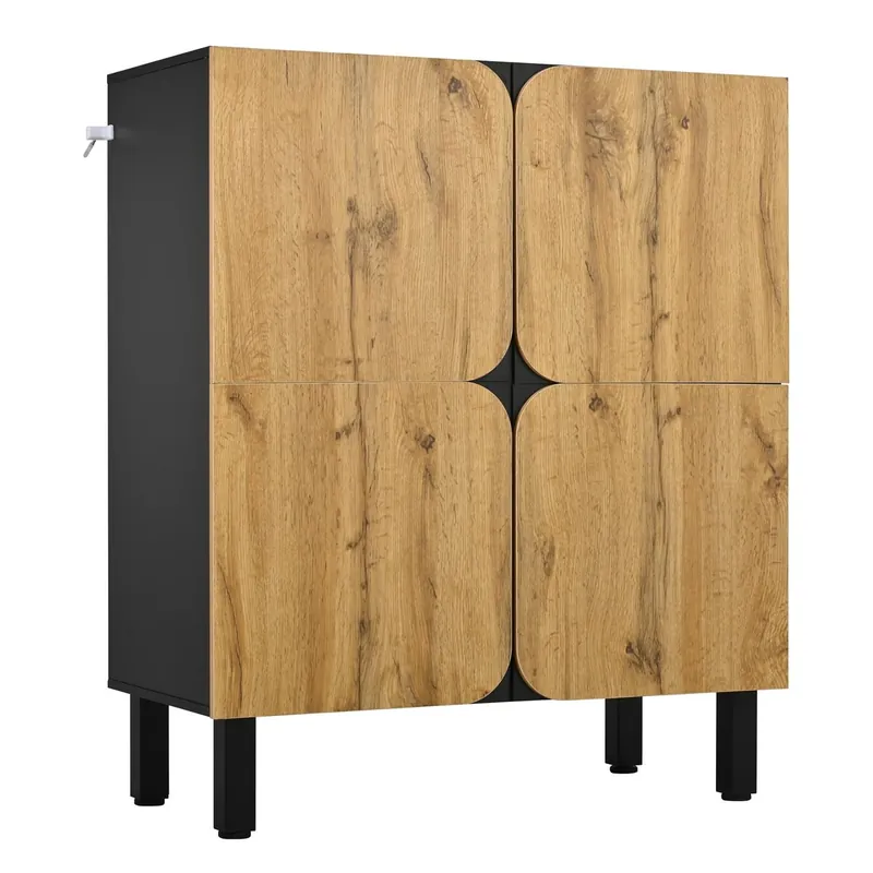 Zapatero 4 puertas - estantes ajustables, patas de hierro, puertas curvas - Negro/Natural