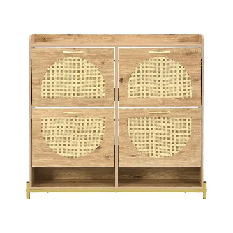 Zapatero 108,5x24x100 cm - 4 puertas con rattán, marco metálico y estante superior - Roble claro