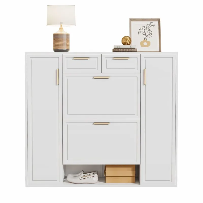 Zapatero moderno 120x24x107 cm - Estantes ajustables, 2 cajones, puertas y asas doradas - Blanco