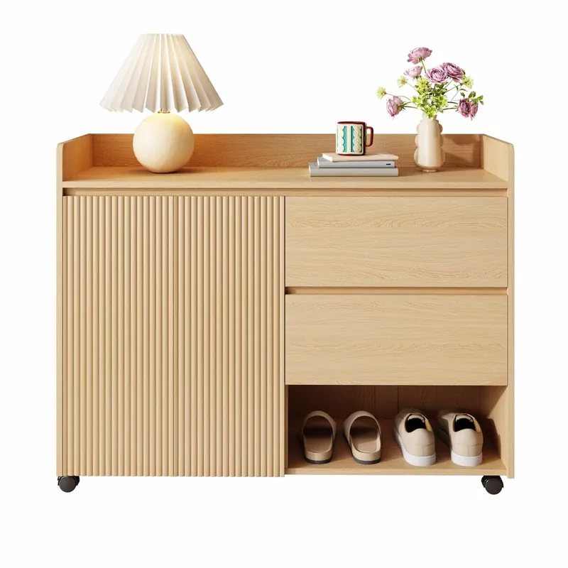 Zapatero móvil 110x35x86 cm - Con ruedas universales con freno, estantes ajustables, bisagra amortiguada - Natural